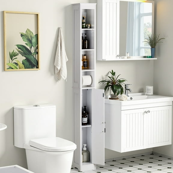 VECELO Bathroom Cabinet with Adjustable Shelf, Narrow Tall Cupboard with Toilet Paper Rod for Small Space, White