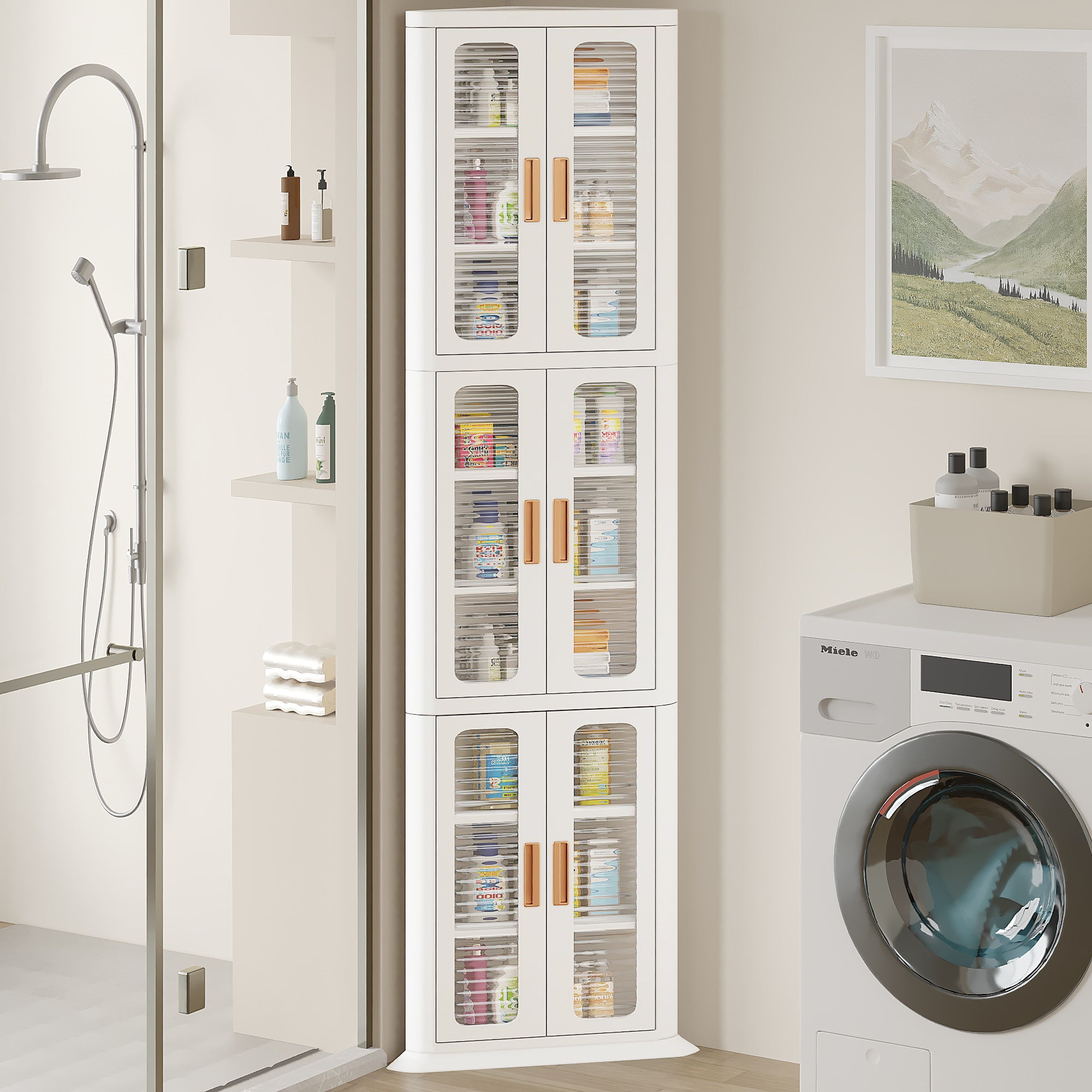 VECELO Bathroom Storage Cabinet, Corner Cabinets with Storage Shelf, Triangle Tall Floor Cabinets for Bathroom Living Room Kitchen Small Space, White