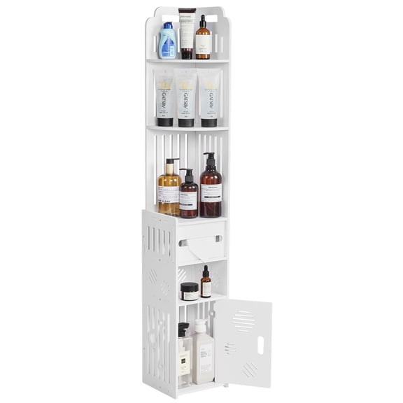 VECELO Bathroom Storage Cabinet, Large Corner Floor Cabinet with Toilet Paper Organizer and Shelf for Small Space, White