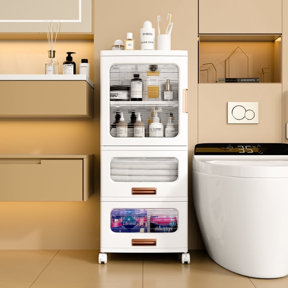 VECELO Bathroom Storage Cabinet with Movable Wheels, Foldable Storage Cabinets with 2 Drawers and 1 Cabinet, Adjustable Shelf, Narrow Bathroom Storage Organizer for Small Spaces, Kitchen,White