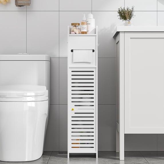 VECELO Bathroom Storage Cabinet, Small Floor Cabinet with Doors and Toilet Paper Holder Stand, Narrow Corner Storage Organizer, White