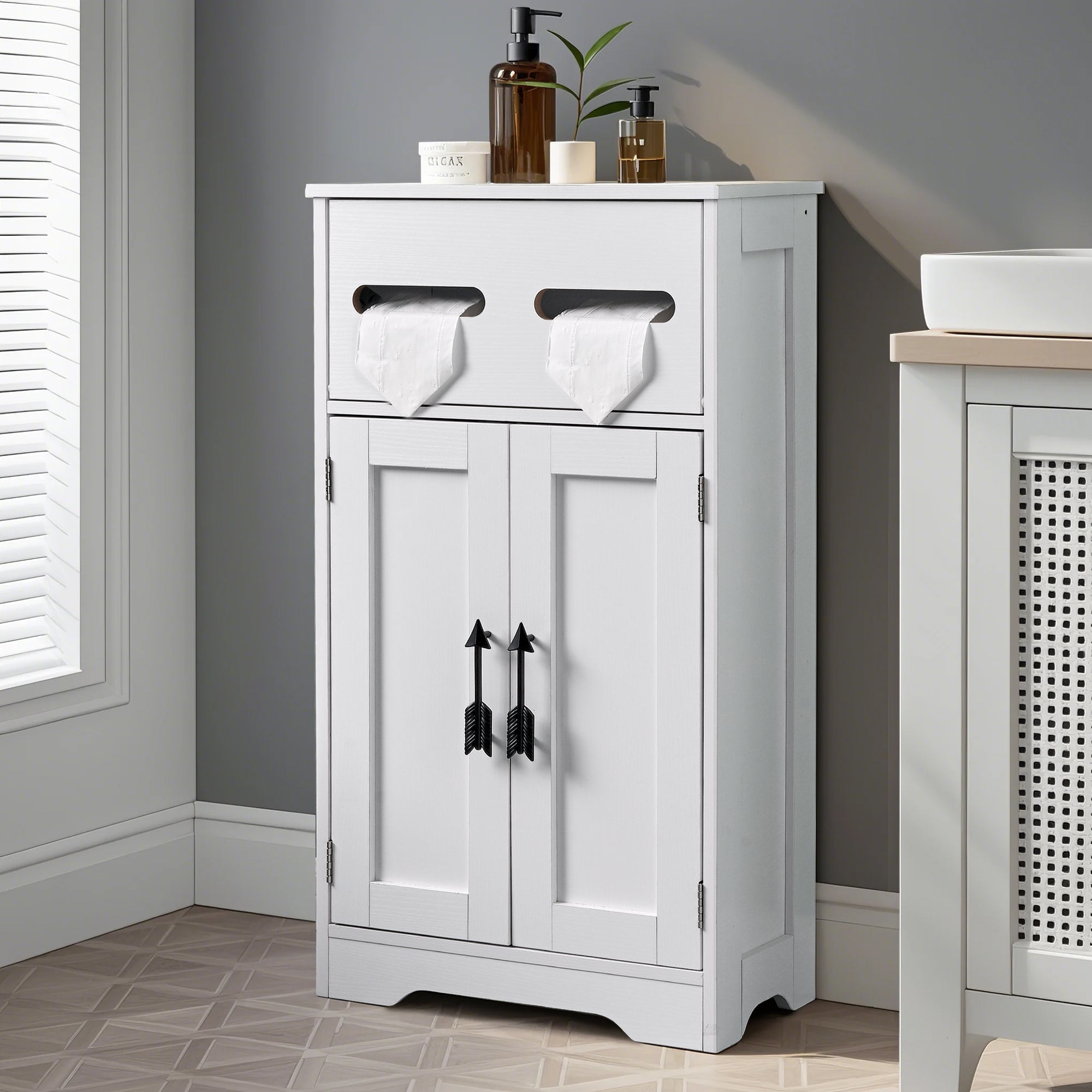 VECELO Bathroom Storage Cabinet, Wooden Floor Cabinet with 2 Doors & Toilet Paper Storage, Accent Cabinet for Living Room,Bedroom, Kitchen, White