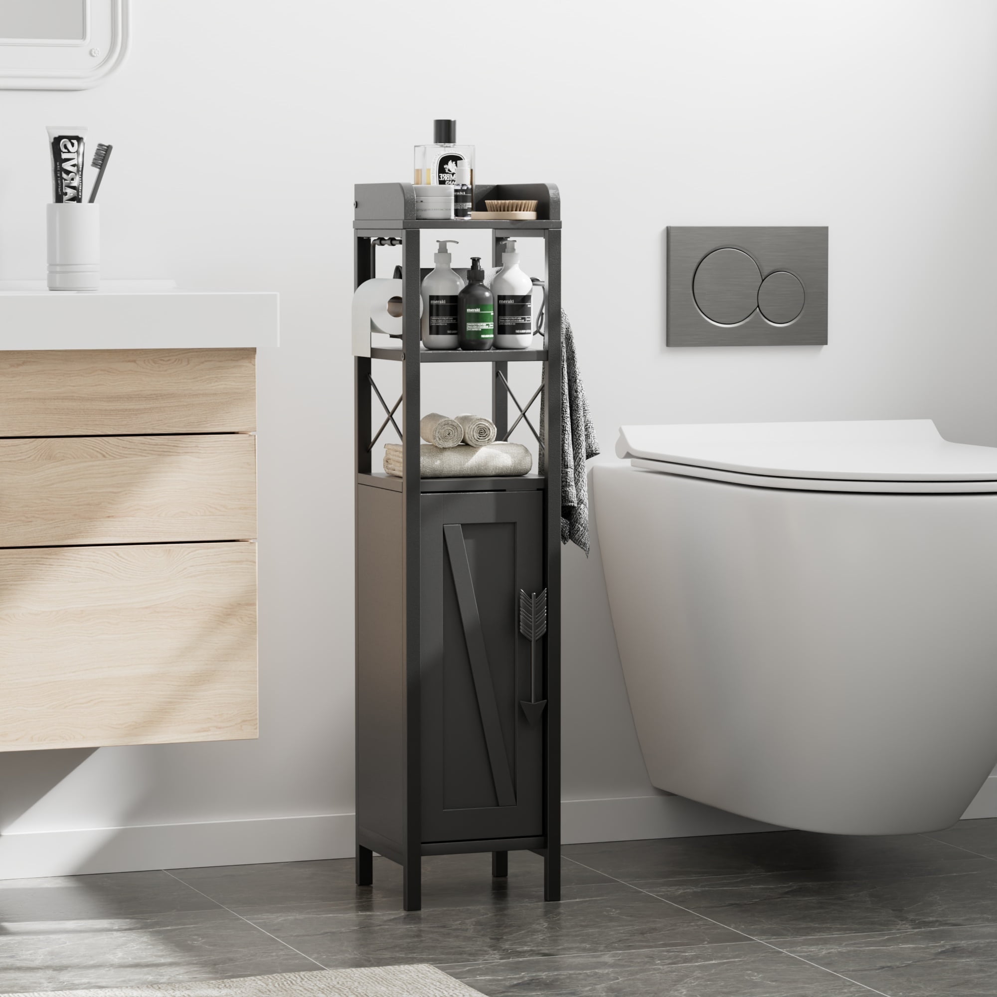 VECELO Small Bathroom Storage Cabinet, Corner Floor Cabinet with Toilet Paper Holder and Shelves, Black