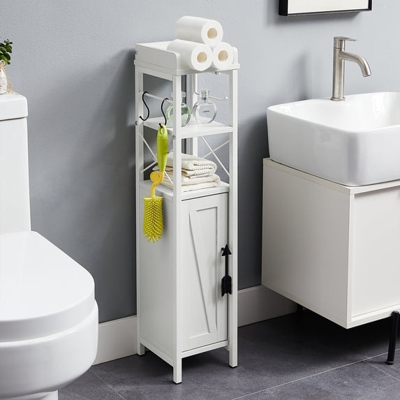 VECELO Small Bathroom Storage Cabinet, Corner Floor Cabinet with Toilet Paper Holder and Shelves, White