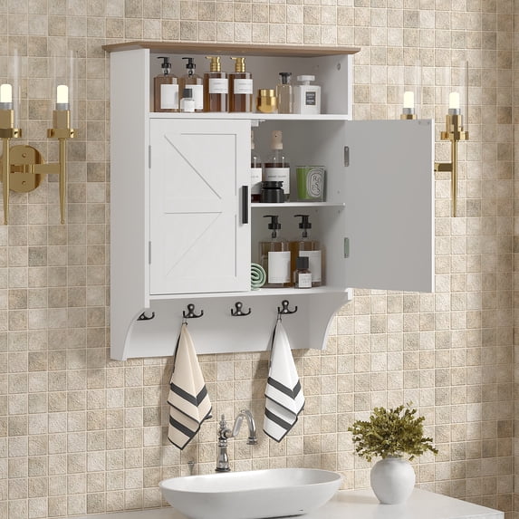 VECELO Bathroom Wall Cabinet, Medicine Cabinet with Open Partition and Four hooks, Modern Storage Cabinet with Open and Hidden Storage Space, for Bathroom, Living Room, Kitchen, White