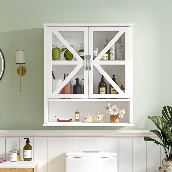 VECELO Bathroom Wall Cabinet, Medicine Cabinet with Open Partition, Rustic Storage Cabinet with Open and Hidden Storage Space, for Bathroom, Living Room, Kitchen, White