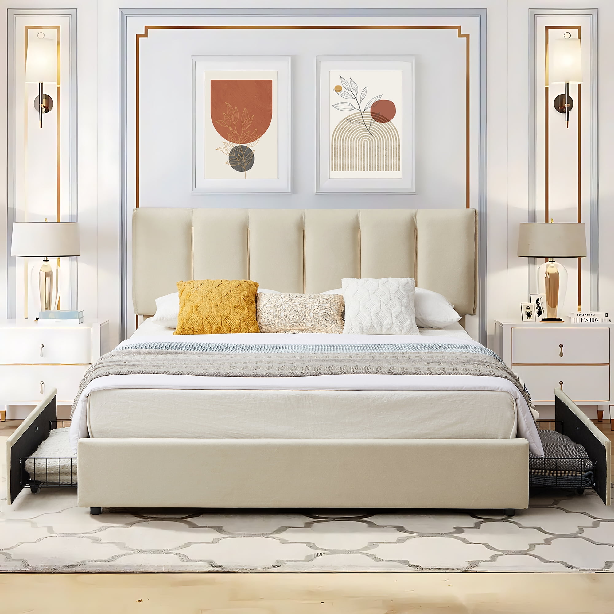 ぷうページ VECELO Bed Frame with 4 Storage Drawers, Full Size