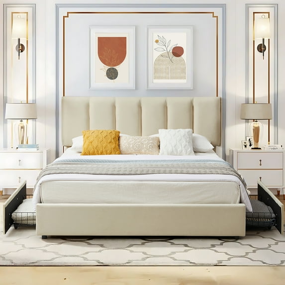 VECELO Bed Frame with 4 Storage Drawers, Full Size Upholstered Platform Bed Frame with Adjustable Headboard, Beige