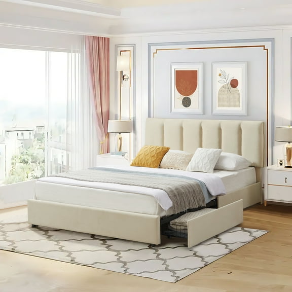 VECELO Bed Frame with 4 Storage Drawers, Queen Size Upholstered Platform Bed Frame with Adjustable Headboard, Beige