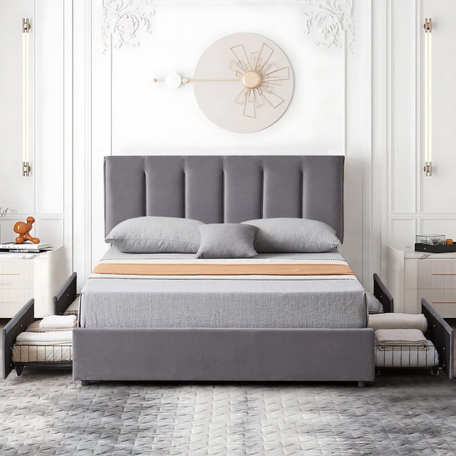 VECELO Bed Frame with 4 Storage Drawers, Queen Size Upholstered ...