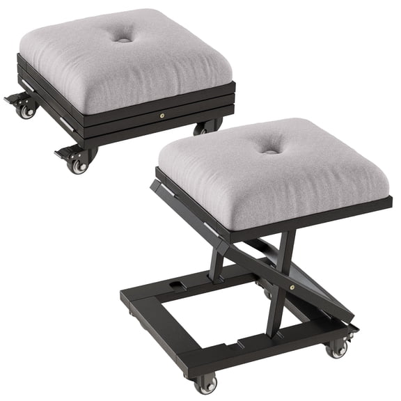 VECELO Black Adjustable Height Lifting Foot Stool with Wheels, Tufted Cushion and Foldable Steel Frame, Portable & Multifunctional Ottoman