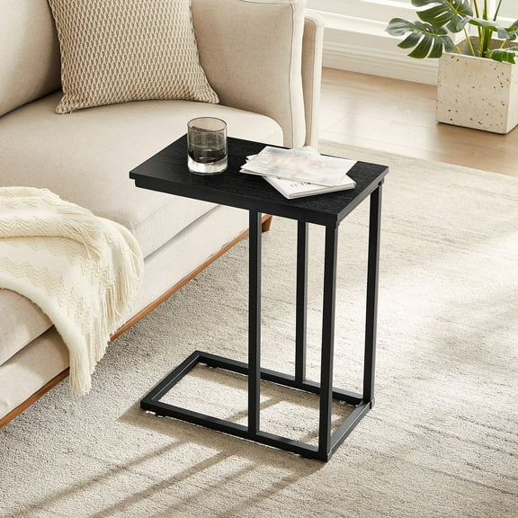 VECELO C-Shaped End Table, Side Table for Sofa, Couch Table with Metal Frame, Small TV Tray Table for Living Room, Bedroom, Black