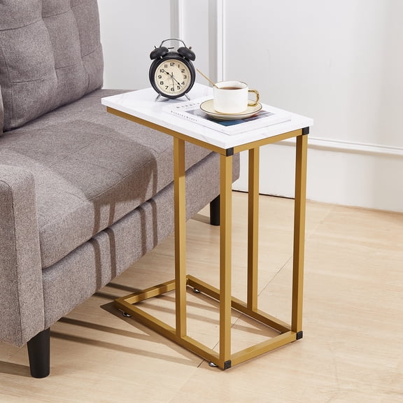 VECELO C-Shaped End Table, Side Table for Sofa, Couch Table with Metal Frame, Small TV Tray Table for Living Room, Bedroom, Gold