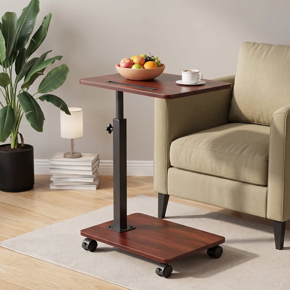VECELO C-Shaped TV Tray Table, Adjustable Height 360° Swivel Snack Table with 4 Rolling Wheels for Sofa Bed Small Spaces, Walnut