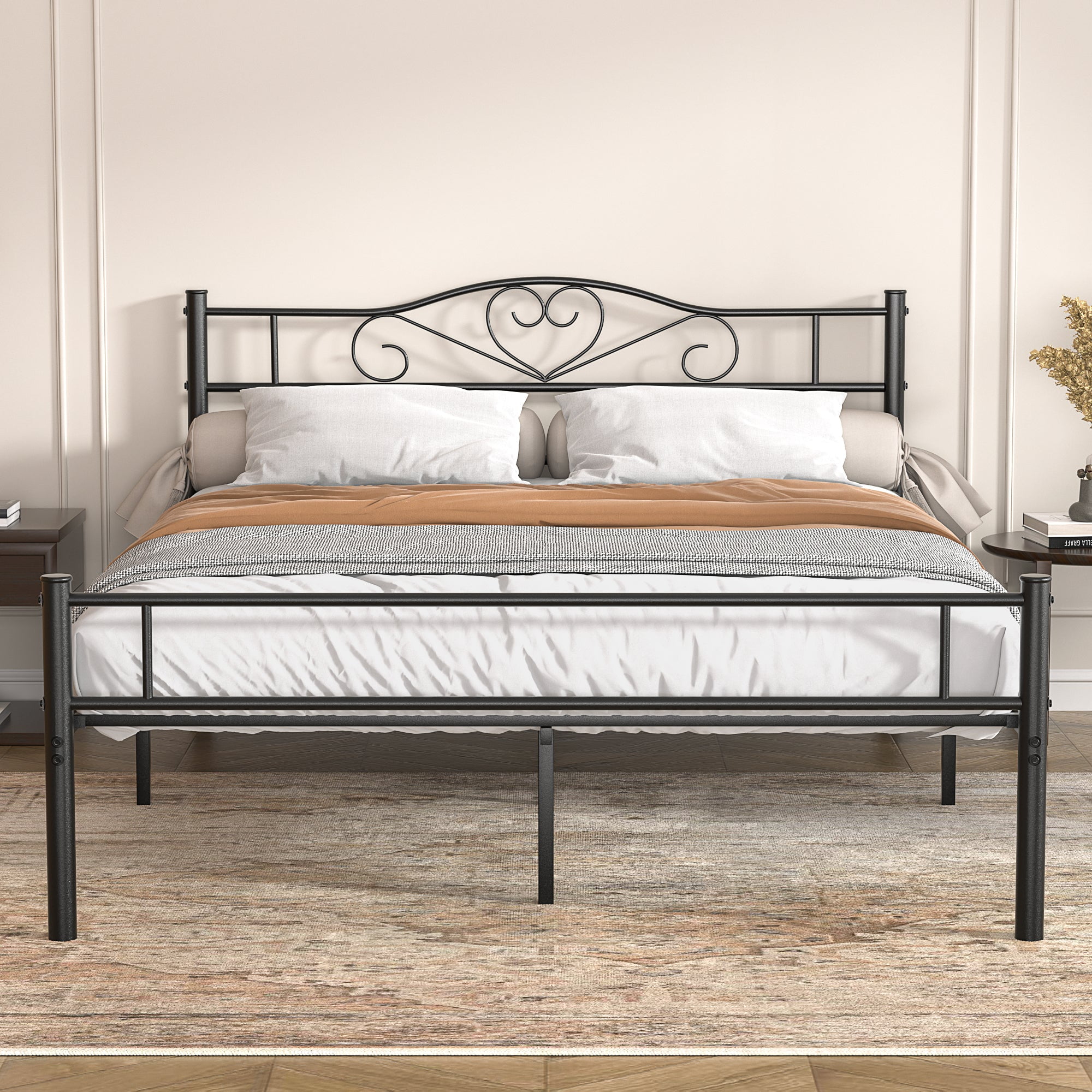 VECELO Queen Size Metal Platform Bed Frame with Footboard and Slats, No