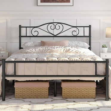 VECELO Classic Metal Platform Bed Frame with Headboard, No Box Spring Needed, Queen, Black