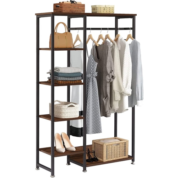 VECELO Freestanding Clothes Rack, Metal Organizer with Wood Shelves ...