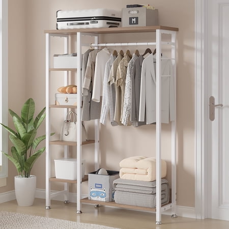 VECELO Clothes Rack with Shelves and Hang Rod, Freestanding Storage Wardrobe for Cloakrooms, Bedrooms, Entryway, Oak