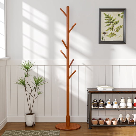 VECELO Coat Rack Freestanding, Hall Tree With Hooks, Entryway Hanger Stand, Floor Standing Metal Tree Stand, Brown