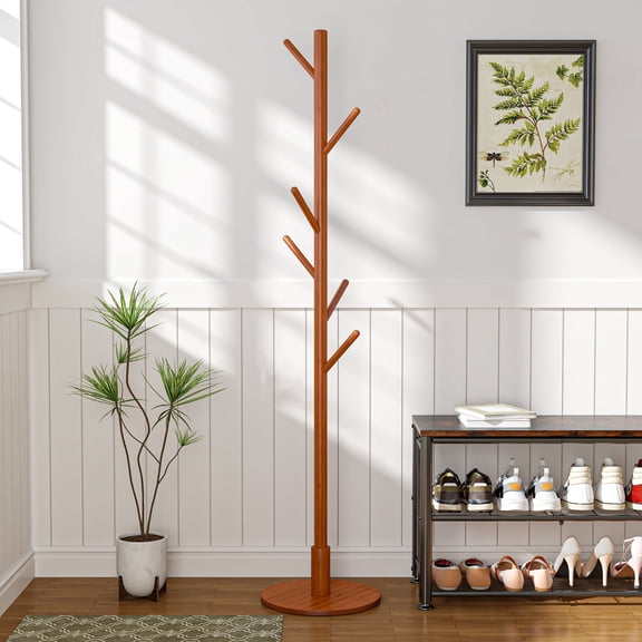 VECELO Coat Rack Freestanding, Hall Tree With Hooks, Entryway Hanger Stand, Floor Standing Metal Tree Stand, Brown