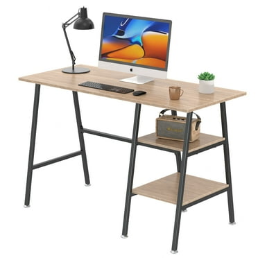 VECELO Computer Writing Desk, Home Office Study Workstation with 2-Tier Shelves Storage, Oak