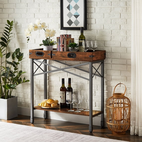 VECELO Console Table, 2-Tier Narrow Entryway Table, Industrial Sofa Table with Shelves for Living Dinning Room Hallway Kitchen, Brown
