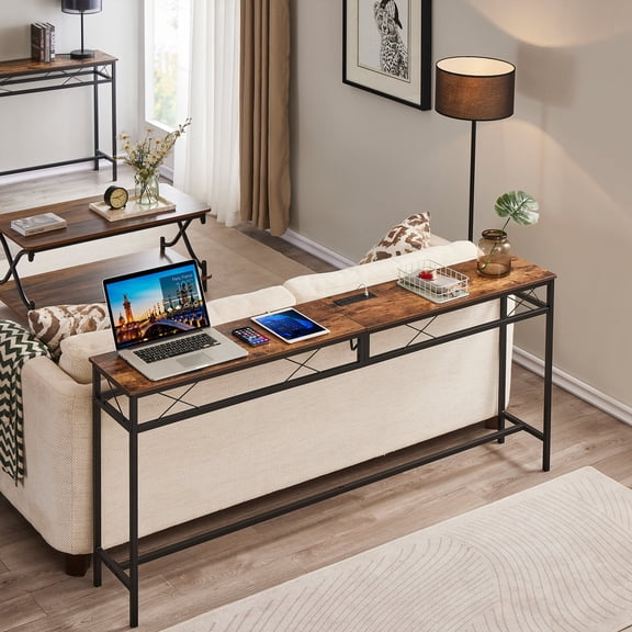 VECELO Console Table with Power Outlet & USB Port, 39.4" Narrow Sofa Table with Charging Station, Industrial Entryway Table for Living Room, Hallway, Foyer, Bedroom, Brown