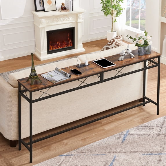 VECELO Console Table with Power Outlet & USB Port, 39.4" Narrow Sofa Table with Charging Station, Industrial Entryway Table for Living Room, Hallway, Foyer, Bedroom, Brown