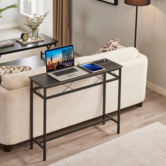 VECELO Console Table with 2 Outlet and 2 USB Ports, 39.4" Narrow Sofa Table for Entryway, Hallway, Foyer, Living Room, Charcoal Gray