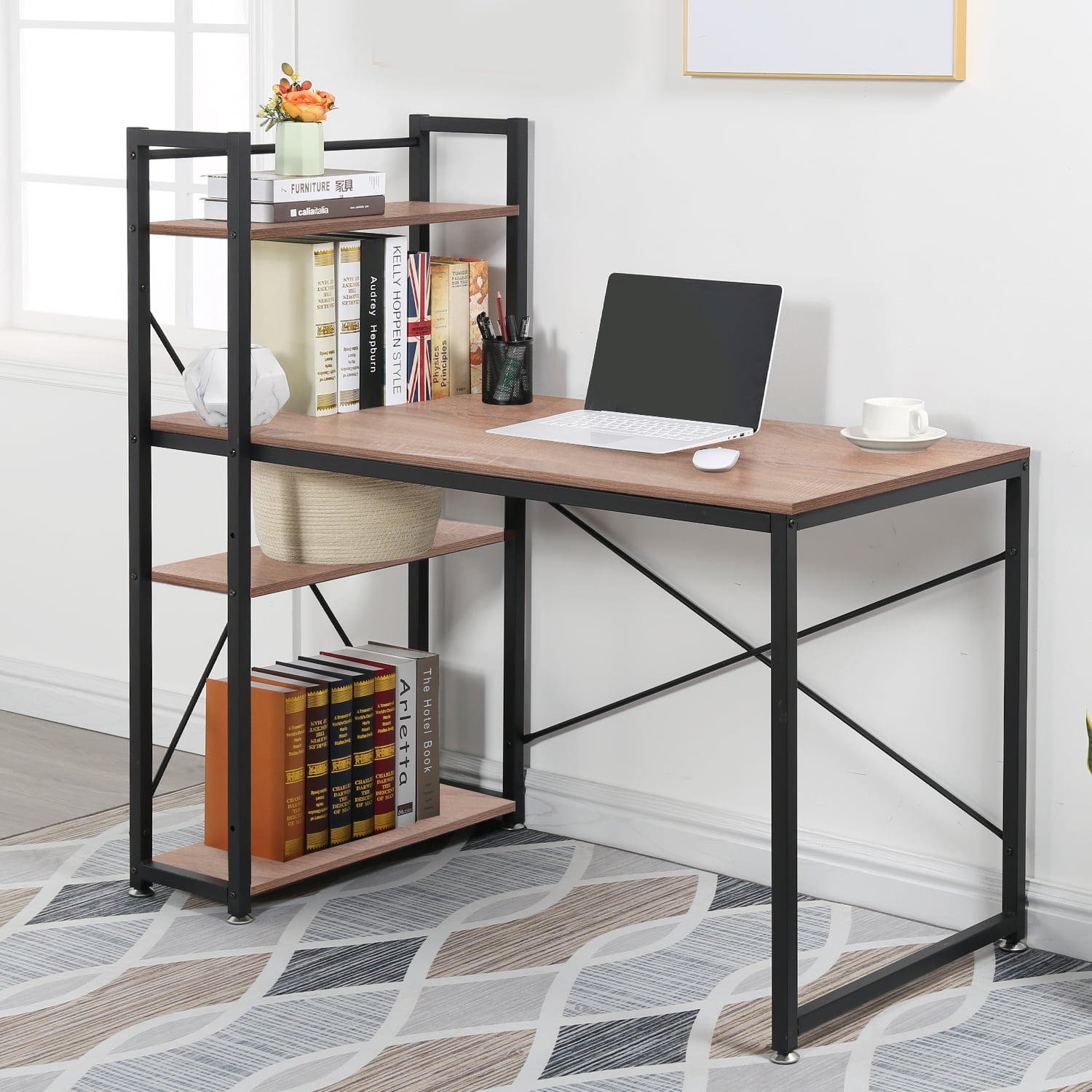 VECELO Contemporary Bookshelf Design Computer Home Office Writing Desk ...