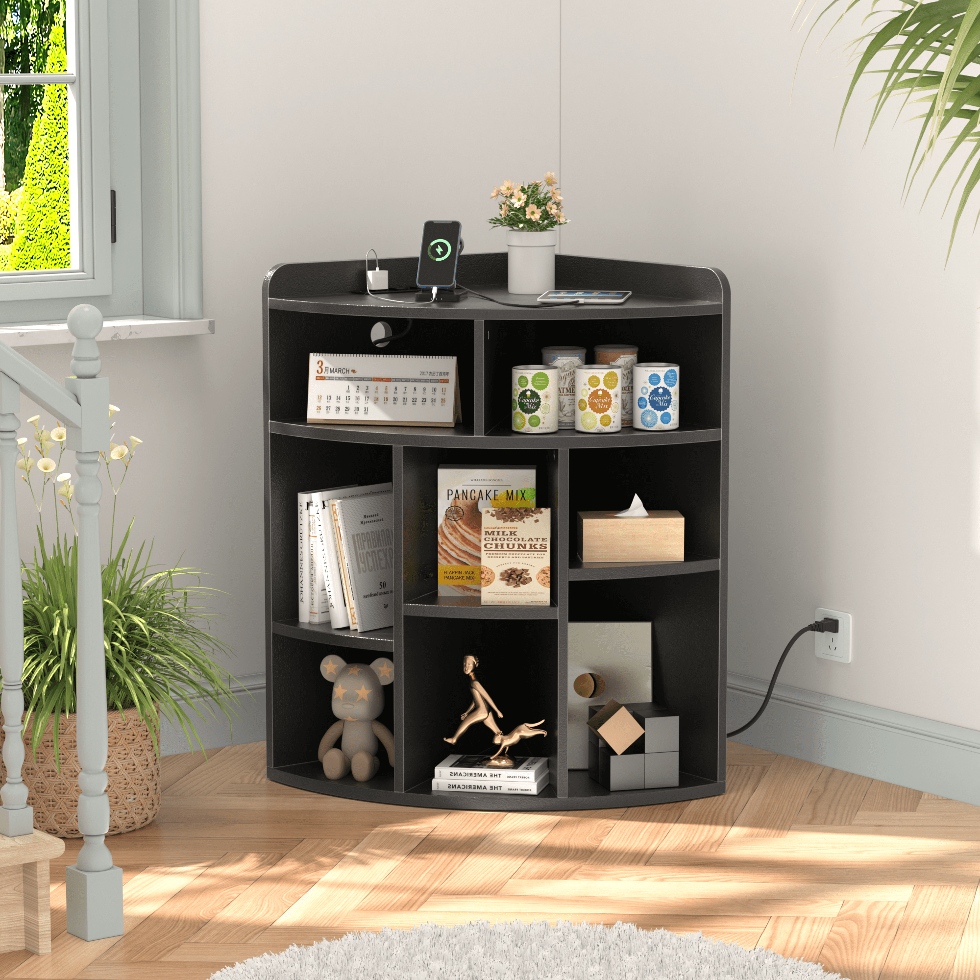 VECELO Corner Cabinet Storage with USB Ports and Outlets, Wooden Cubby Bookshelf for Small Space, Adjustable Shelves Corner Cube Toy Storage for Playroom, Bedroom, Living Room, Black