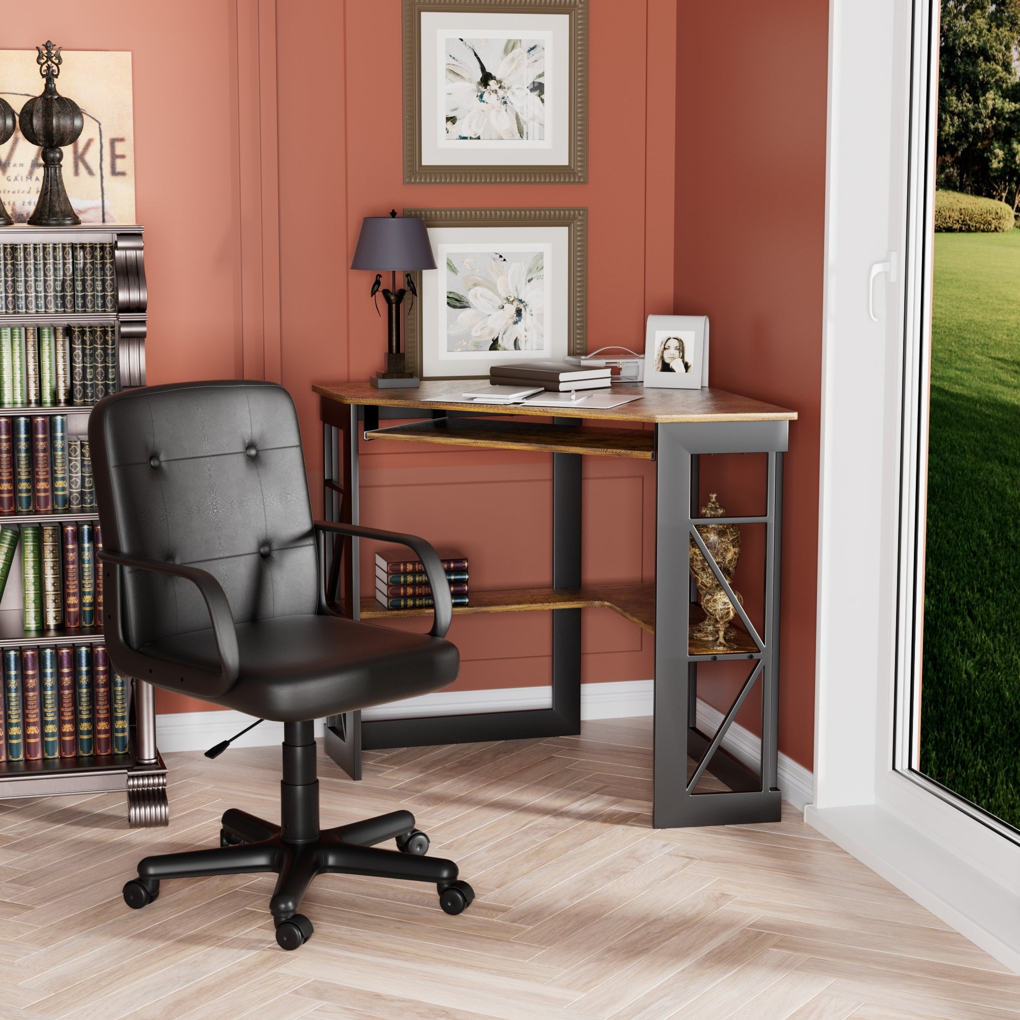 VECELO Corner Computer Desk Chair Set Ergonomic High Back Adjustable Height Office Chair and Study Writing Table with Keyboard Tray and Storage