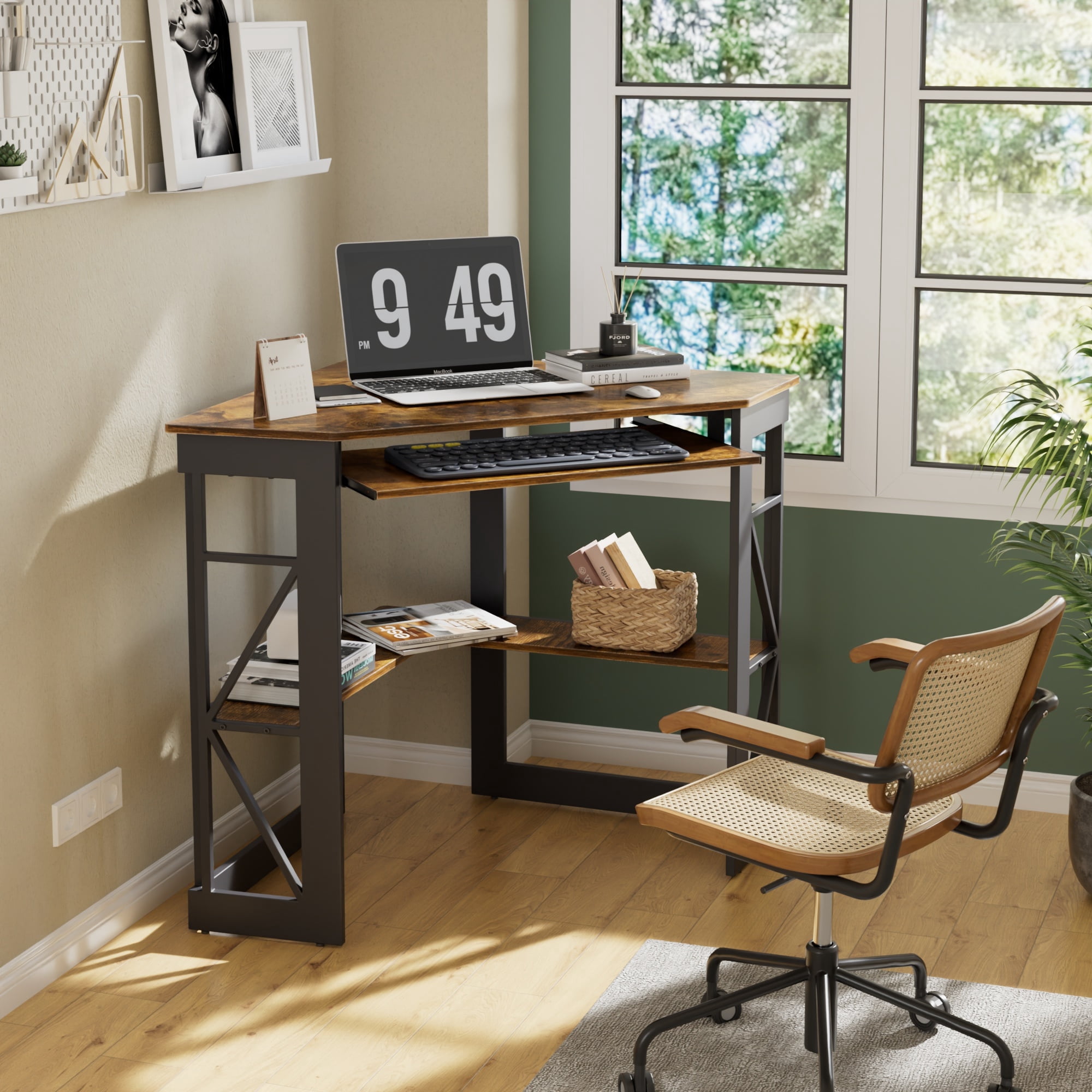VECELO Corner Computer Desk with Keyboard Tray and Storage Shelf, Student Study Writting Table Workstation for College Dorm Apartment Home Office, Antique Brown (90 Degrees)