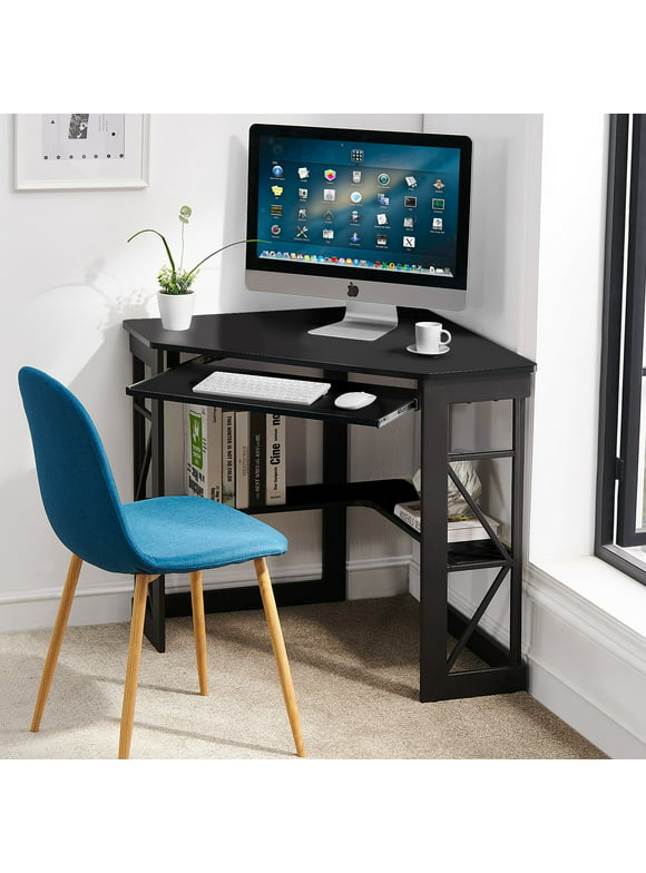 VECELO Corner Computer Desk with Keyboard Tray and Storage Shelf, Student Study Writting Table Workstation for College Dorm Apartment Home Office, Black (90 Degrees)