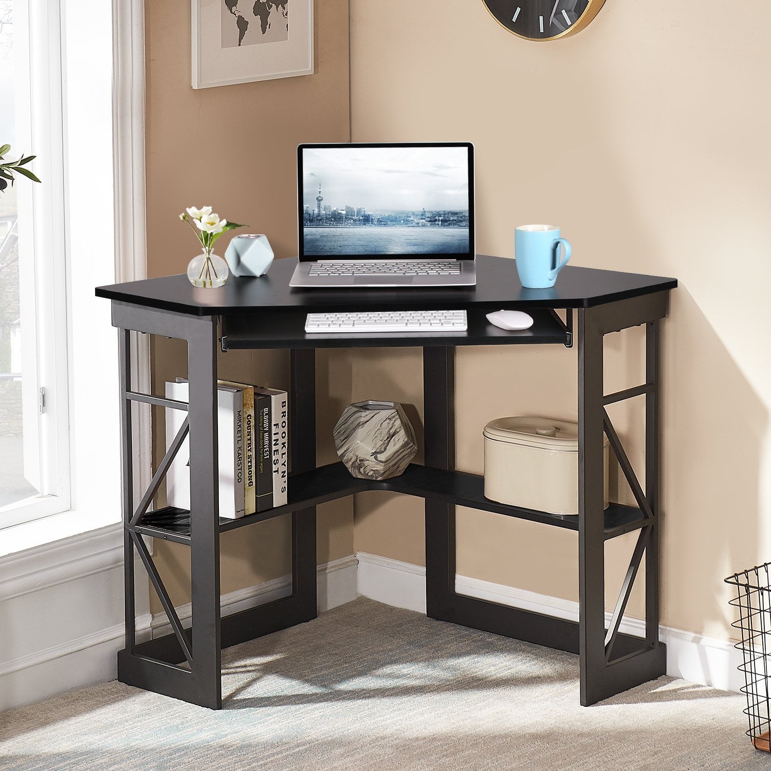 VECELO Small Corner Computer Desk with Easy Assembly Keyboard Tray and Storage Shelf Black Walmart
