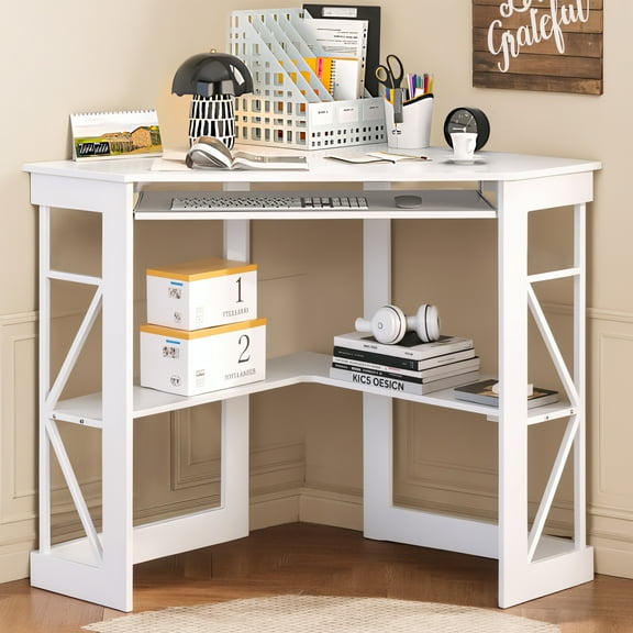 VECELO Corner Computer Desk with Keyboard Tray and Storage Shelf, Student Study Writting Table Workstation for College Dorm Apartment Home Office, White (90 Degrees)
