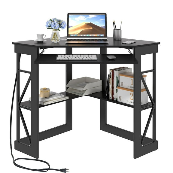 VECELO Corner Computer Desk with Charging Station, 90 Degree Triangle Writing Study Table with Keyboard & Storage Shelves for Small Space, Black