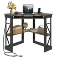 thumbnail image 1 of VECELO Corner Computer Desk with Charging Station, 90 Degree Triangle Writing Study Table with Keyboard & Storage Shelves for Small Space, Brown, 1 of 11