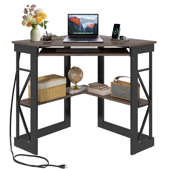 VECELO Corner Computer Desk with Charging Station, 90 Degree Triangle Writing Study Table with Keyboard & Storage Shelves for Small Space, Brown