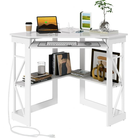 VECELO Corner Computer Desk with Charging Station, 90 Degree Triangle Writing Study Table with Keyboard & Storage Shelves for Small Space, White