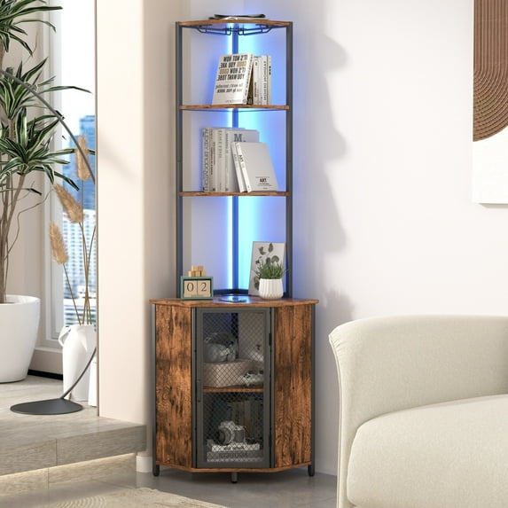 VECELO Corner Shelf with Power Outlets and LED Lights, 6-Tier Corner Bar Cabinet with Glass Holder, 63" Tall Corner Stand Display Storage Rack, Corner Bookshelf Bookcase, Brown