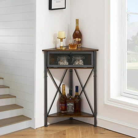VECELO Corner Storage Cabinet with Flip Drawer and Shelf, Triangle X-Shaped Freestanding Floor Cabinet, Brown