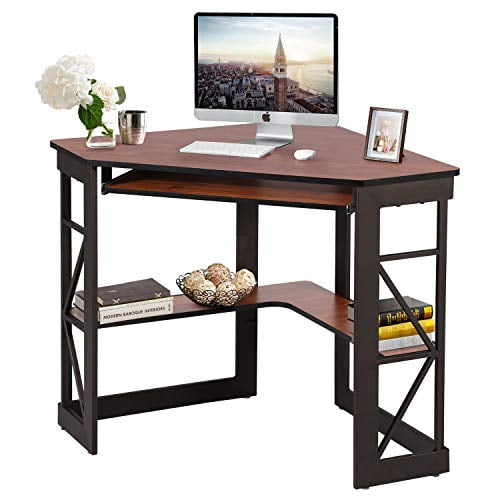 Teakwood Brown Corner Writing Desk with Keyboard Tray and Shelves