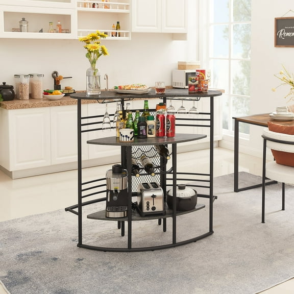 VECELO Dark Grey Bar Wine Cabinet with Glass Shelves, 3 Tier Home Serving Bar Cabinet Drink for Living Room, Party (43.3" D x 15" W x 43.1" H)