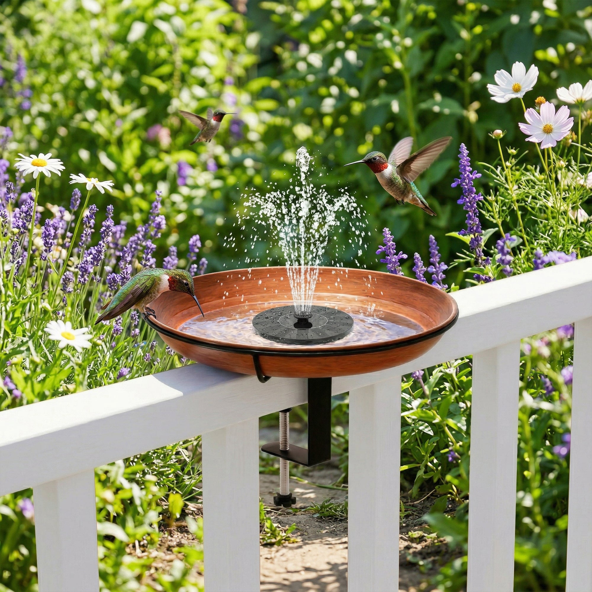 VECELO Deck Mounted Bird Bath with Solar Fountain Pump, Rust-Resistant Bird Bath Fountain Combo Pack with Adjustable Railing Clamp for Railing, Fence, Balcony, Brown