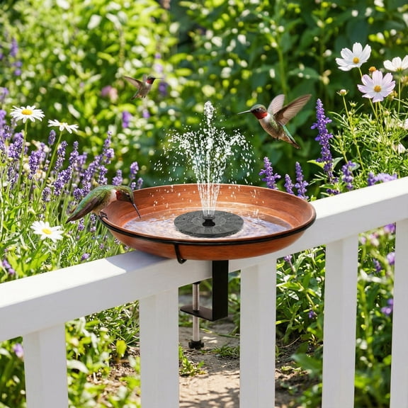 VECELO Deck Mounted Bird Bath with Solar Fountain Pump, Rust-Resistant Bird Bath Fountain Combo Pack with Adjustable Railing Clamp for Railing, Fence, Balcony, Brown