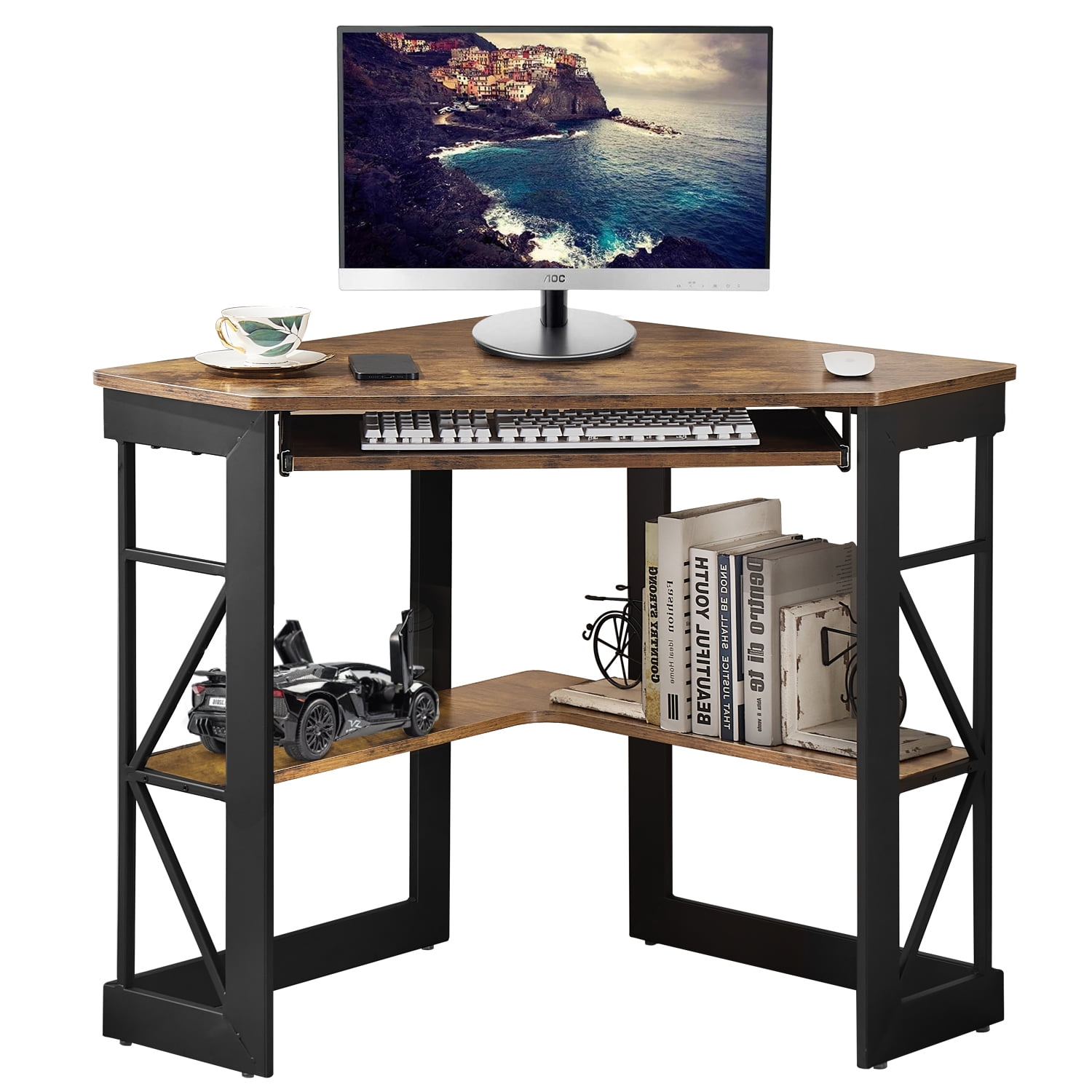 VECELO Desk with Keyboard Corner Computer Writing Shelves, Compact Home Office, Antique Brown