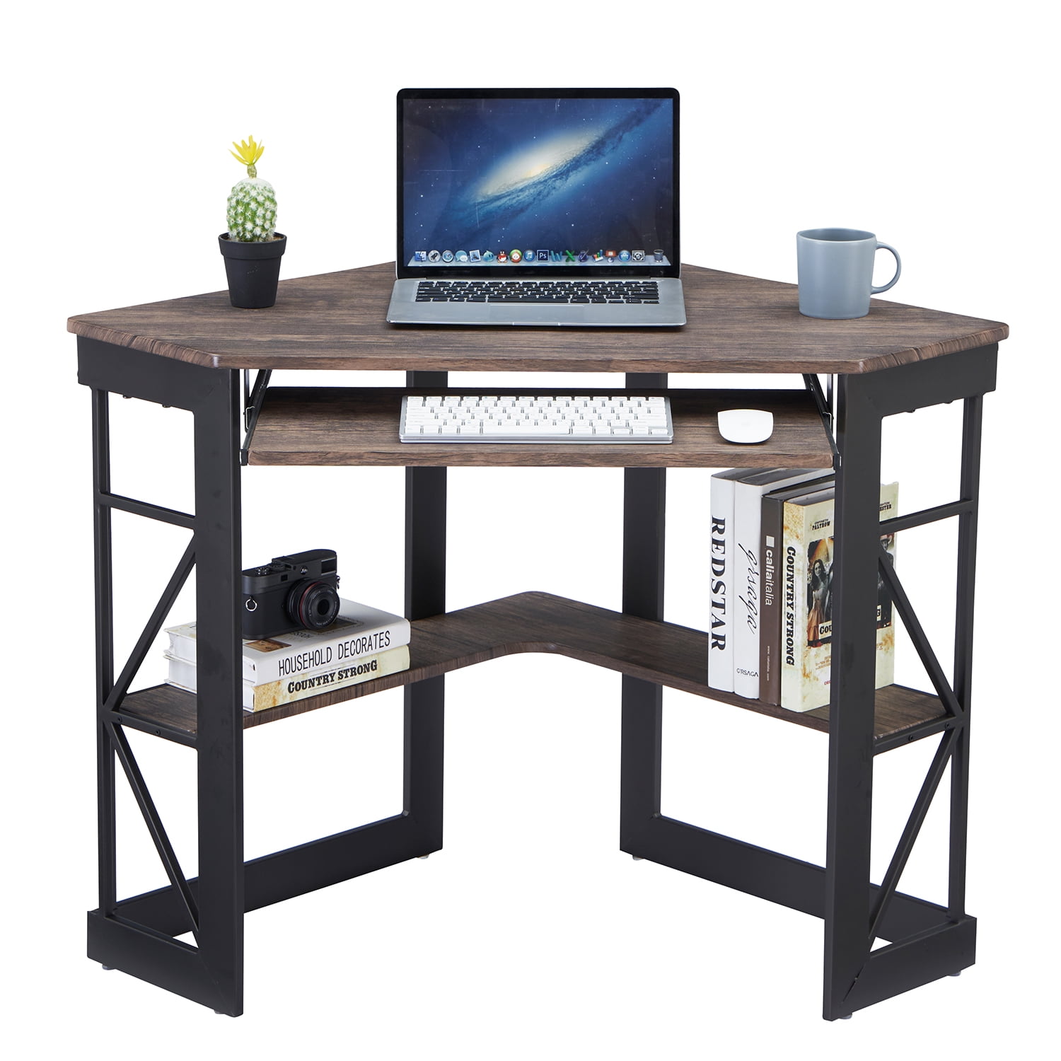 VECELO Desk with Keyboard Corner Computer Writing Shelves, Compact Home Office, Dark Brown