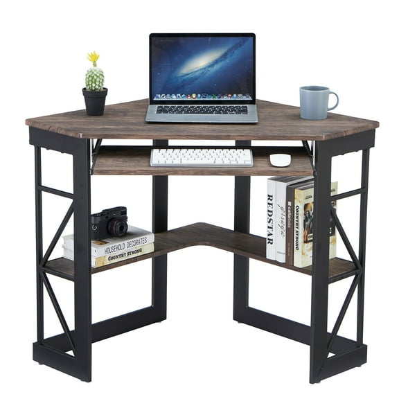 VECELO Desk with Keyboard Corner Computer Writing Shelves, Compact Home Office, Dark Brown