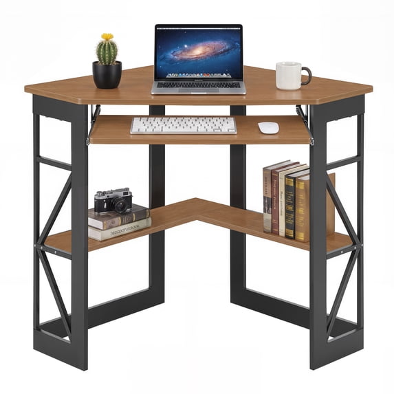 VECELO Desk with Keyboard Corner Computer Writing Shelves, Compact Home Office, Dark Brown
